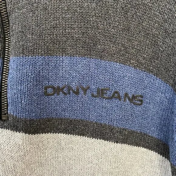 DKNY Men's Sweater Medium M Mock Neck Quarter Zip Pullover Tight Knit Gray - Picture 3 of 6